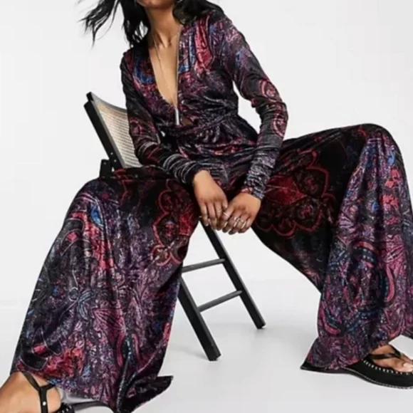 NWT FP Giselle Velvet Stretchy Wide Leg Jumpsuit Dark Combo Xs - Picture 13 of 17